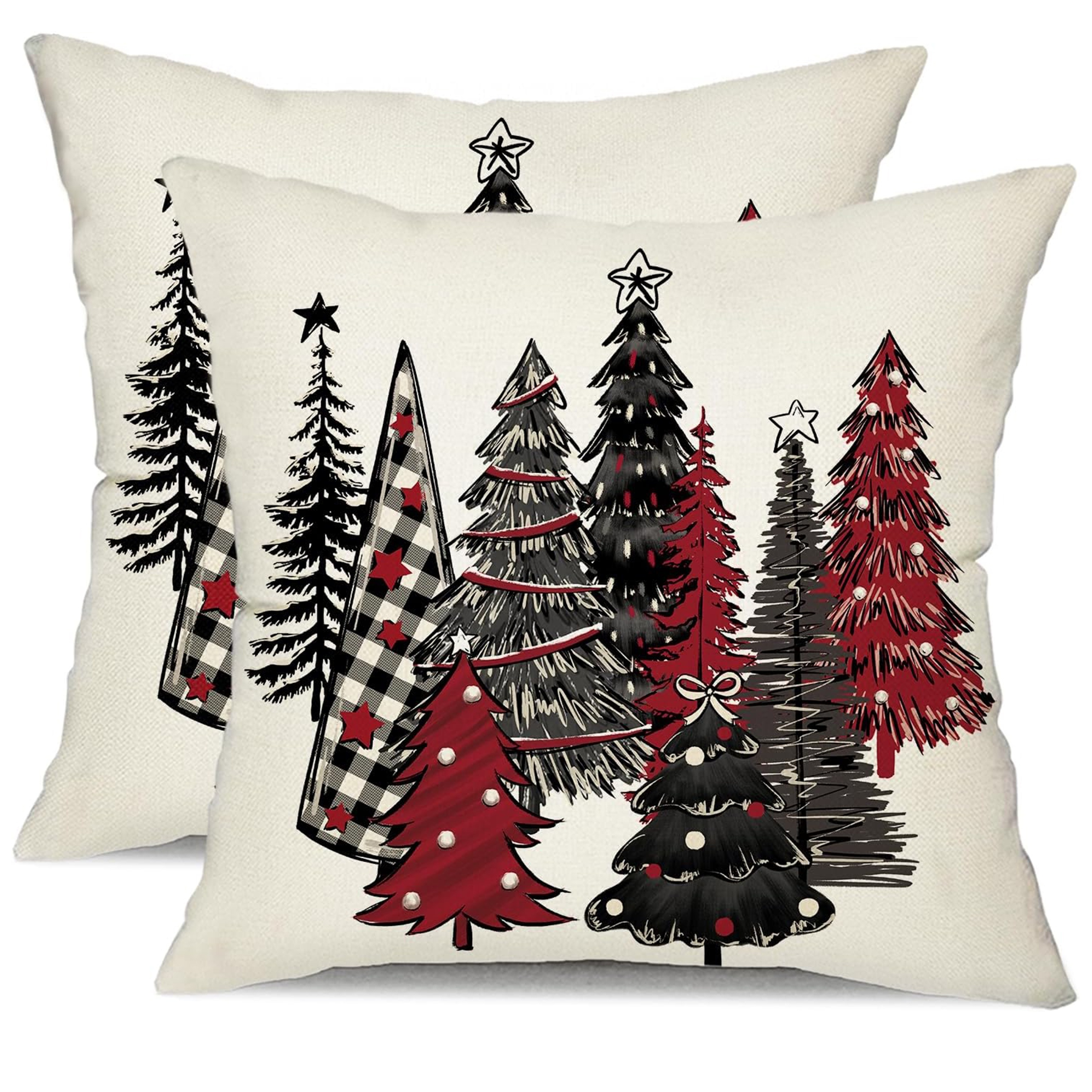 

Contemporary Linen Throw Pillow Covers, Set Of 2, Christmas Tree Design, Reversible, Machine Washable, Zipper Closure, Fits Various Room Types - Decorative Winter Holiday Cushion Covers (no Insert)