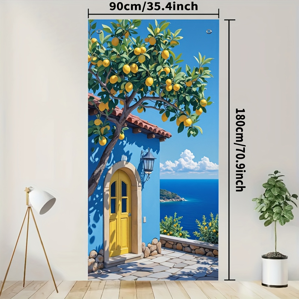 E-shop -Landschafts-Partybanner Türvorhang - Lebendiges Polyester-Gewebe mit Zitronenbaum & Küstenansicht, Vielseitige Festliche Dekoration für