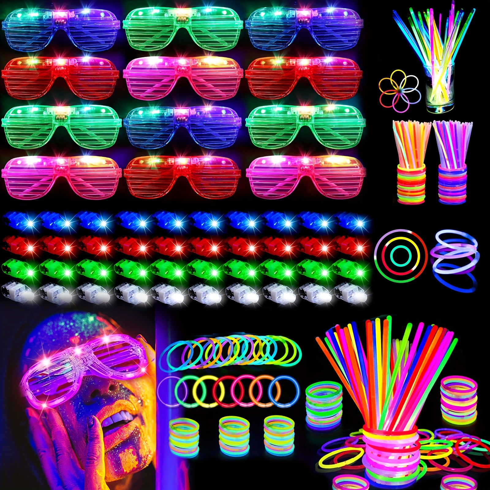 

170-piece Ultimate Glow In The Dark Party Kit - Illuminate Your Fun With Led Shutter Glasses, Neon Headbands & Bracelets - Unleash Radiant Celebrations For Glow Parties & Birthdays!