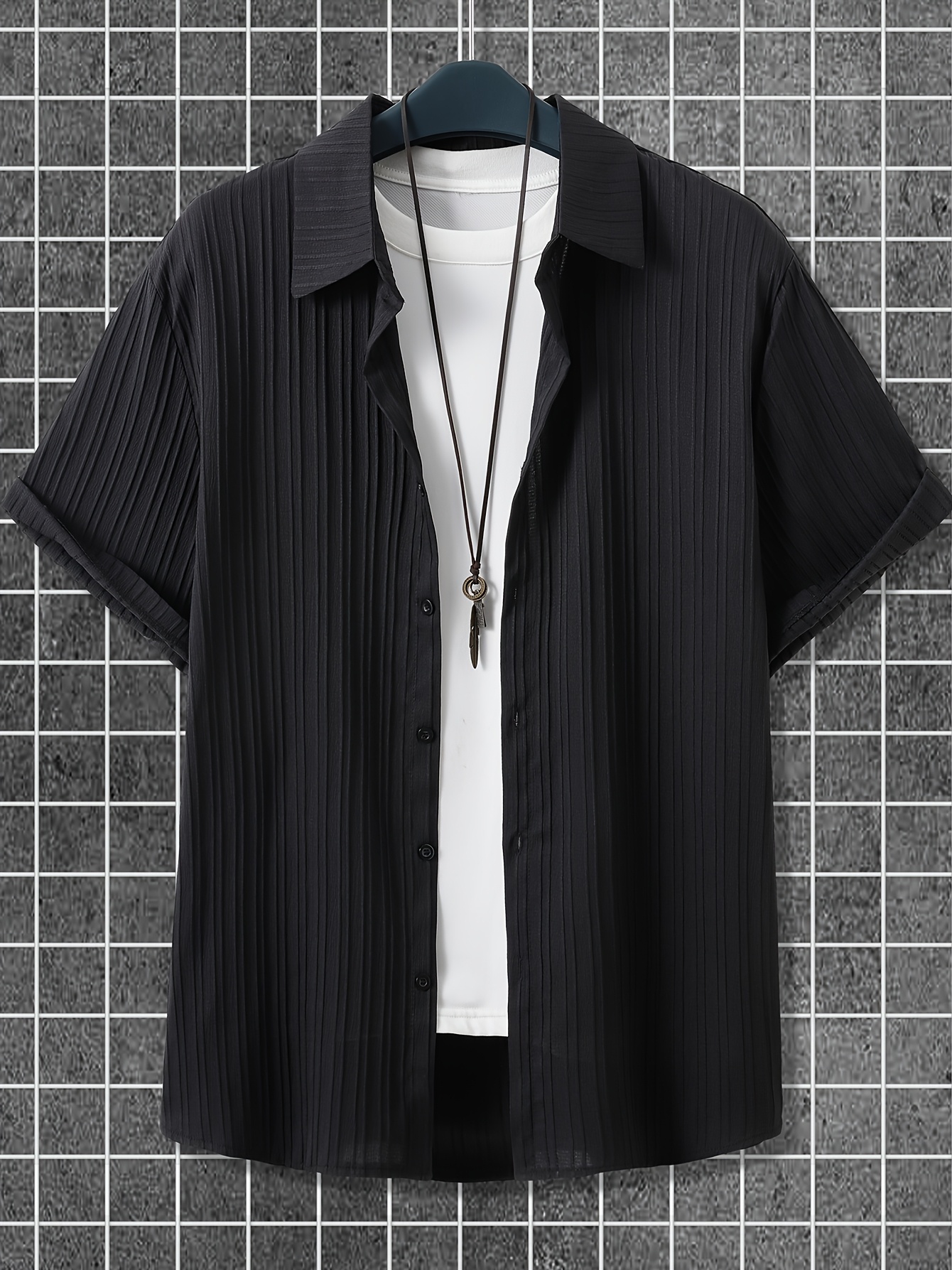 Men's Lightweight Summer Casual Shirt - Mint Green Solid Color Short Sleeve Button-Up with Pointed Collar, 95% Polyester 5% Spandex, Machine Washable Regular Fit for Adults & Teens, PLUS SIZE