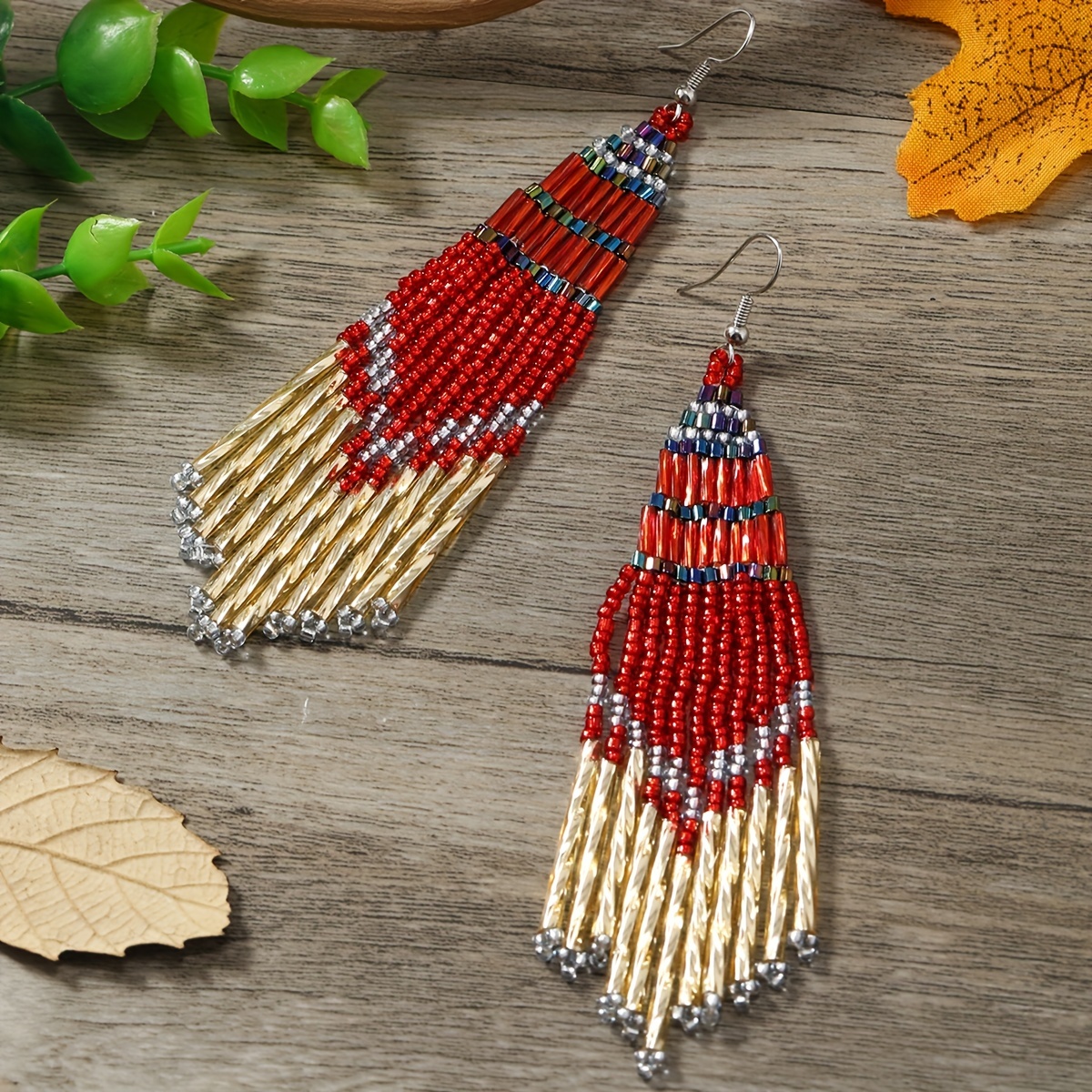 Pair Handcrafted Beaded Tassel Earrings, Bohemian Red And Golden  Elegant Design, Women's Dangle Earrings Drop Earrings For Daily Busine