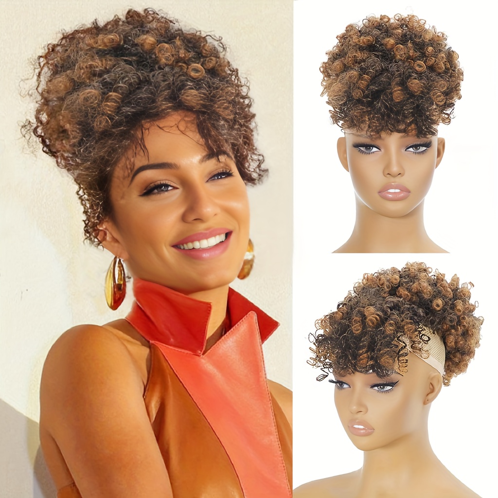 BUKOO Afro Ponytail Extension Hair With Bangs Blonde &‎ Brown 6” Amazon.com : GREEMEO 20 Inches Puff Ponytail Extension with  main image 2