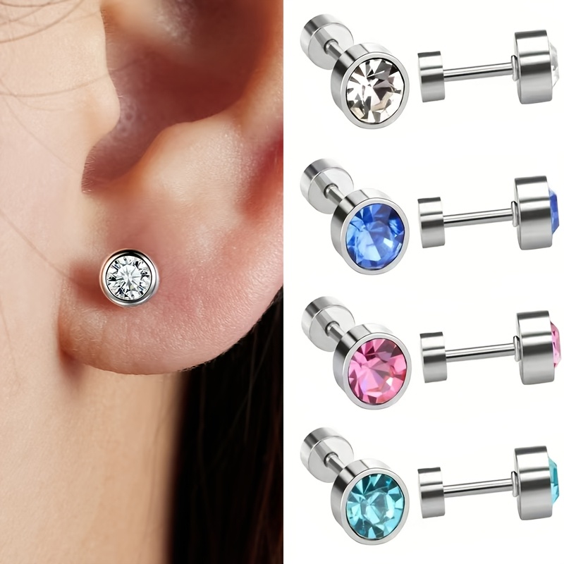TEMU Lot de 4 paires, Clous d'oreilles ronds incrustés, Clous d'oreilles hypoallergéniques en acier inoxydable 316, à vis plate et ronde à l'arrière,