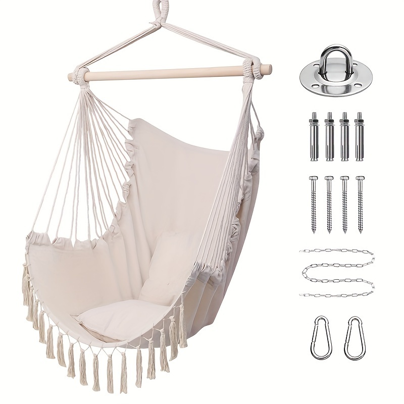 

Cotton Rope Hammock Chair With Tassels, Swing Seat With Wood Bar And Hanging Hardware, Anti-tilt Garden Patio Porch Swing For Indoor/outdoor Relaxation, Max 330lbs Capacity, Breathable Fabric