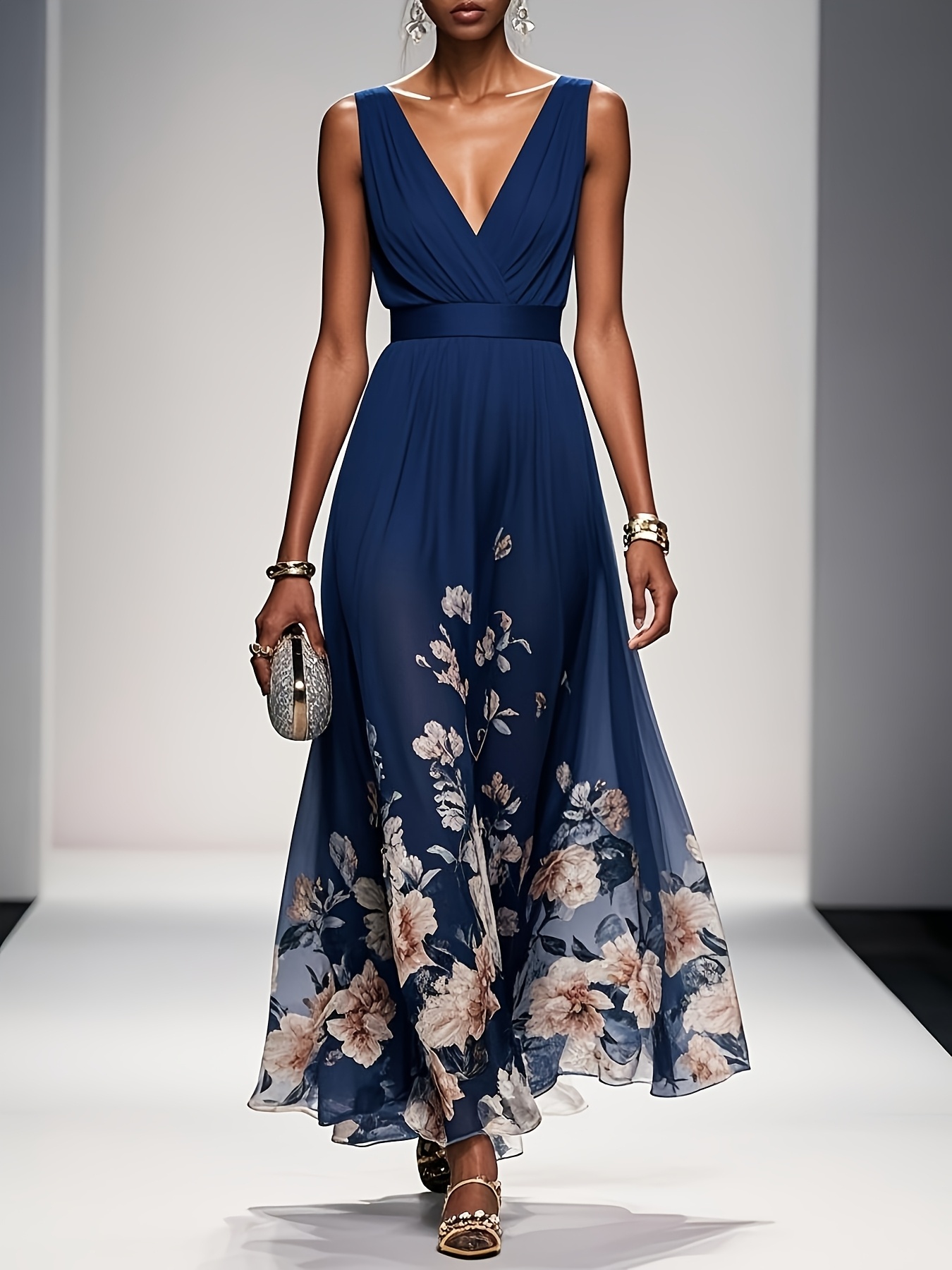 navy blue floral chiffon sleeveless a line long dress a v - Temu Mauritius