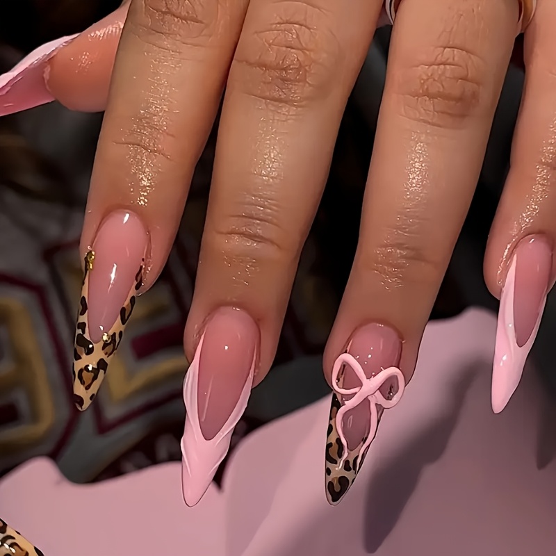 TEMU 1 Set 24pcs Long Almond-shaped Fake Nails Hot Leopard Print Sweet Cool Bow Light Luxury Suitable For All Women And Box Includes Nail Scrubs And