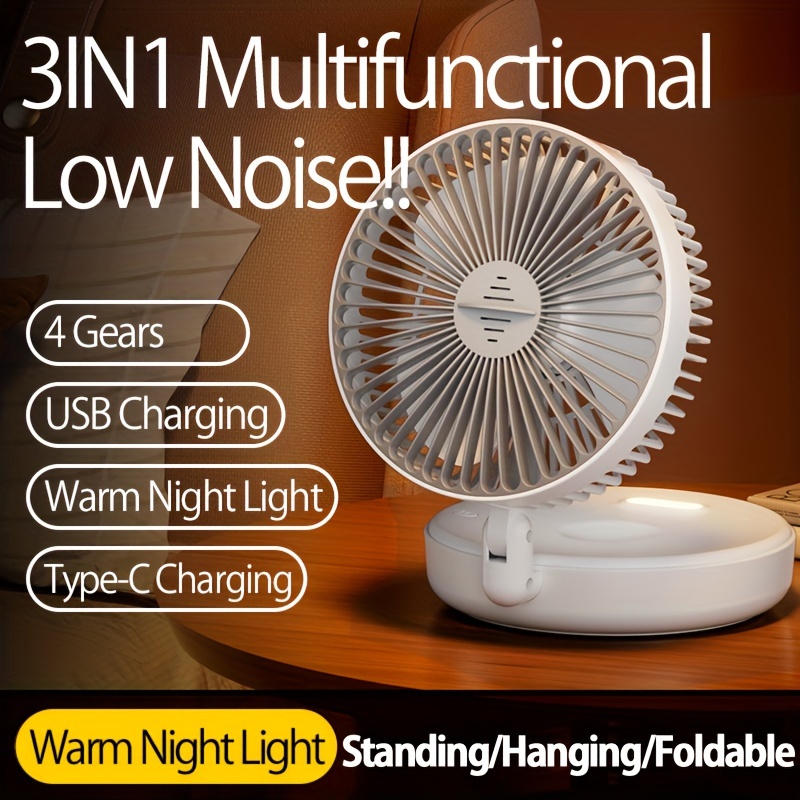 1pc 3 in 1 rechargeable circulation fan versatile compact foldable desktop wall mount fan with 4 adjustable   quiet brushless motor warm night light feature   traceless hook ideal for office home outdoor use portable fan details 1