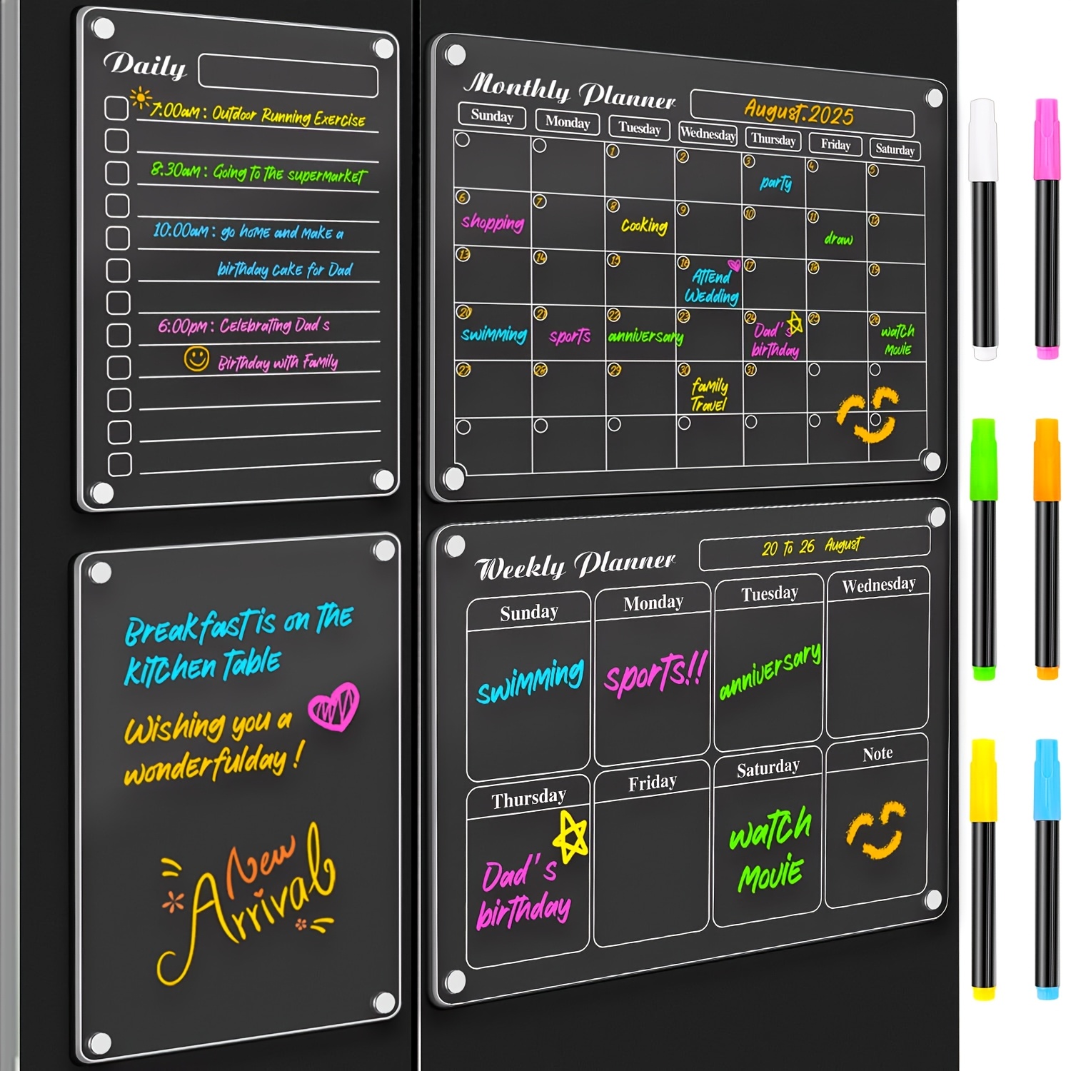 

4 Acrylic Planning Boards With 6 Color Pens, Including Blank Board, Daily Planning Board, Weekly Planning Board, Monthly , Suitable For Multiple