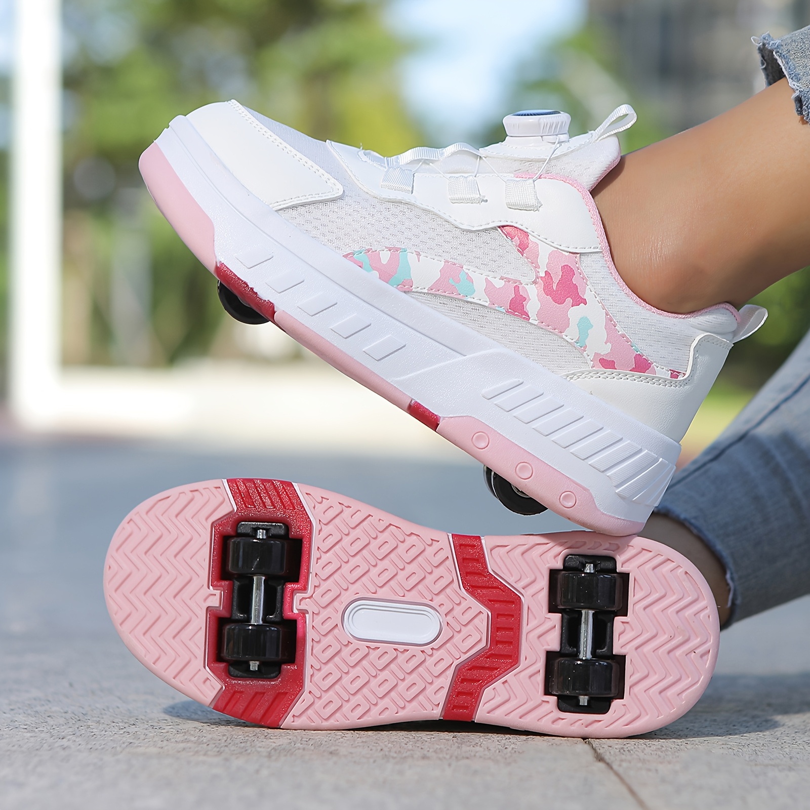   trendy   four wheel dual use sneakers with rotating   closure breathable mesh skate shoes for outdoor sports casual wear lightweight       skateboarding footwear geometric pattern synthetic cover upper 0