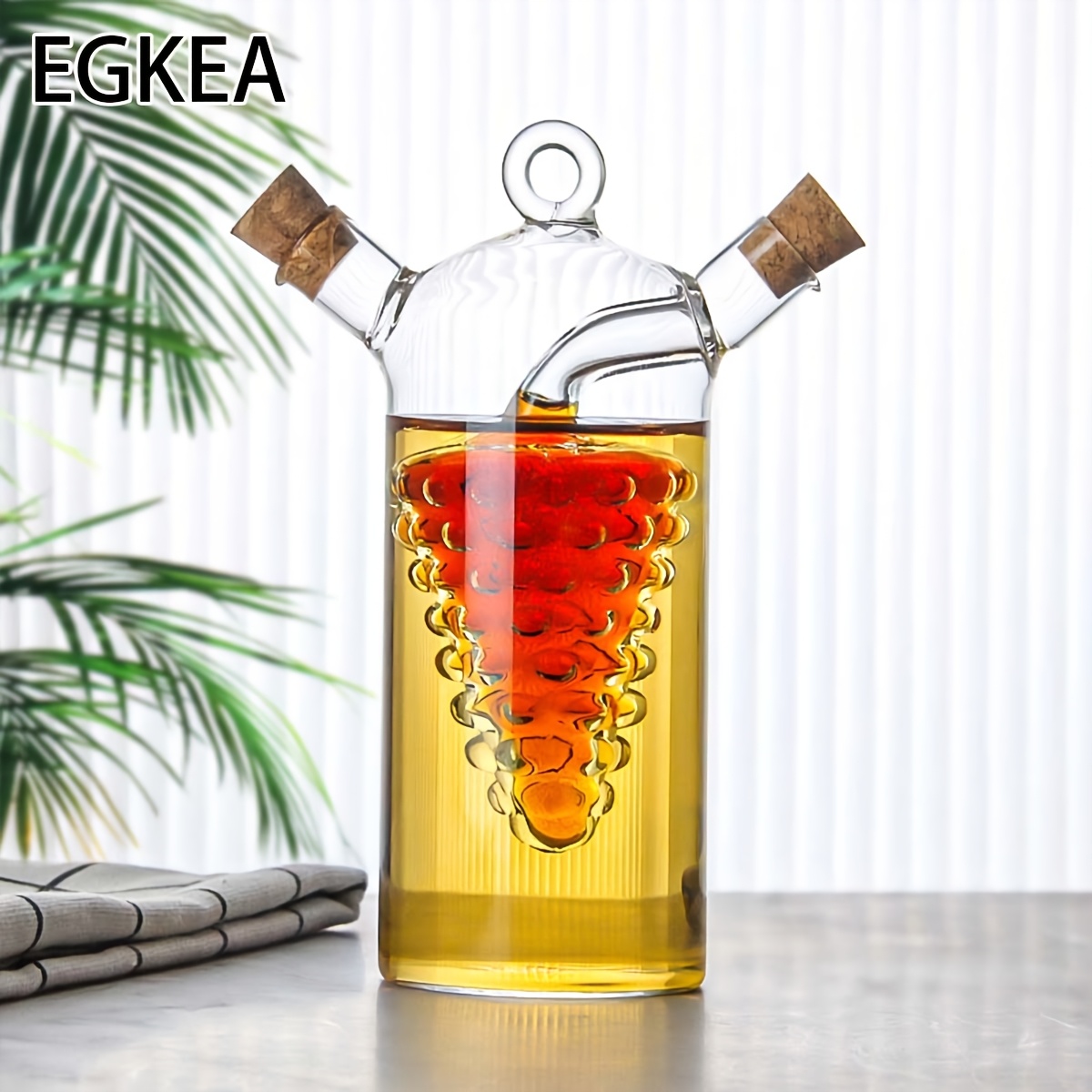 TEMU Egkea, 1pc Oil Bottle, Featuring Transparent Glass Body With Hidden Hourglass And Grapes, Liquid Through Shapes When Dispensing, Practical And