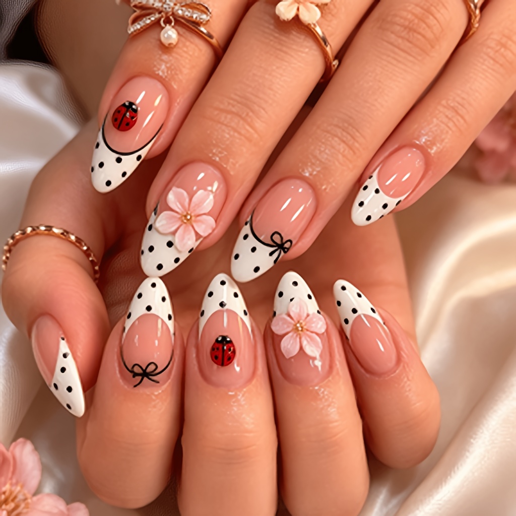 TEMU 24pcs 24pcs Handmade Suitable For Nail Tips - Teardrop Press-on Nails With White Flower & Ladybug Patterns, Reusable Gel False Nails, Glossy,