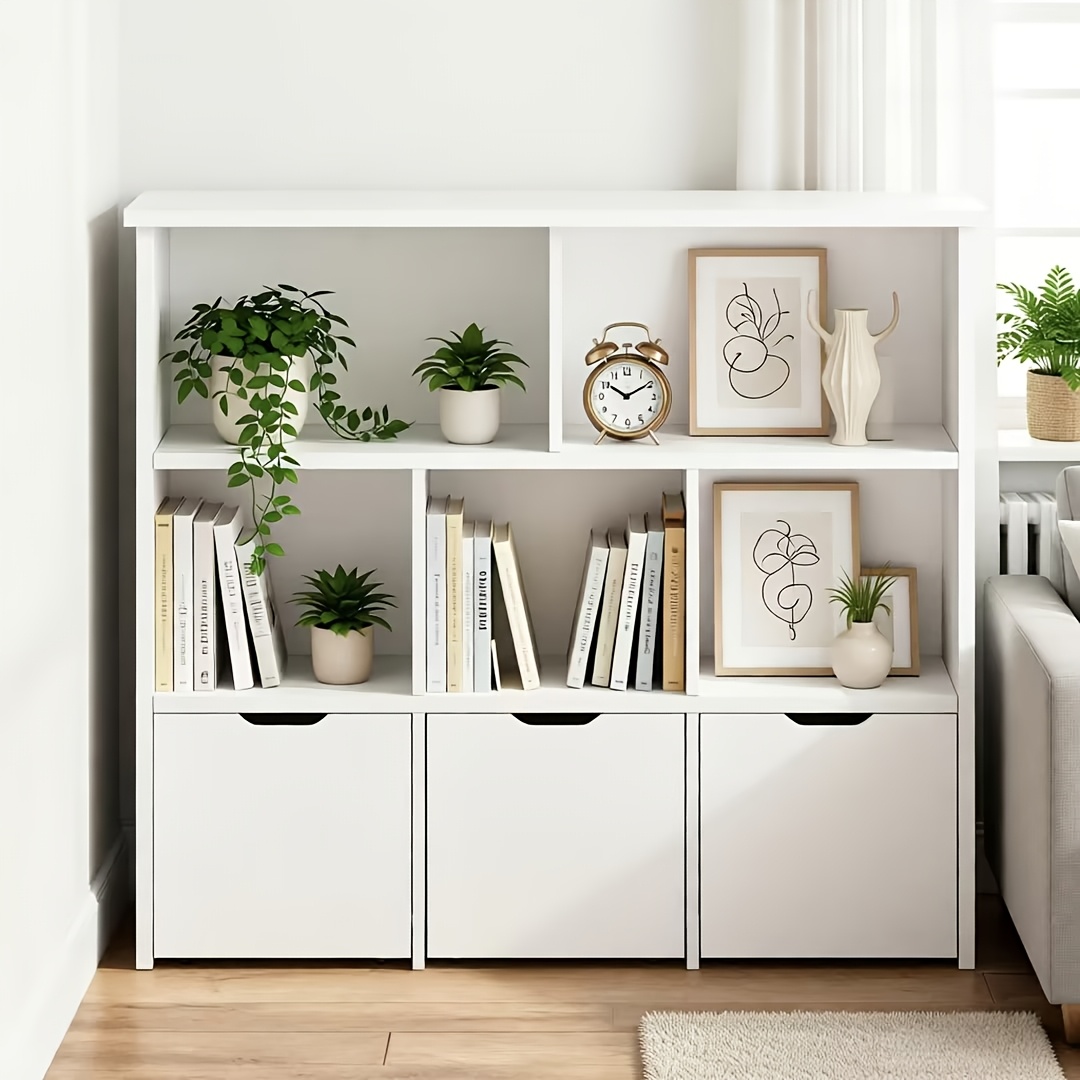 Modern Bookcase with 5 Cubes, 3 Movable Drawers and Hidden Wheels | Sturdy Construction, Multifunctional Organizer with Spacious Storage, White, Freestanding for Living Room