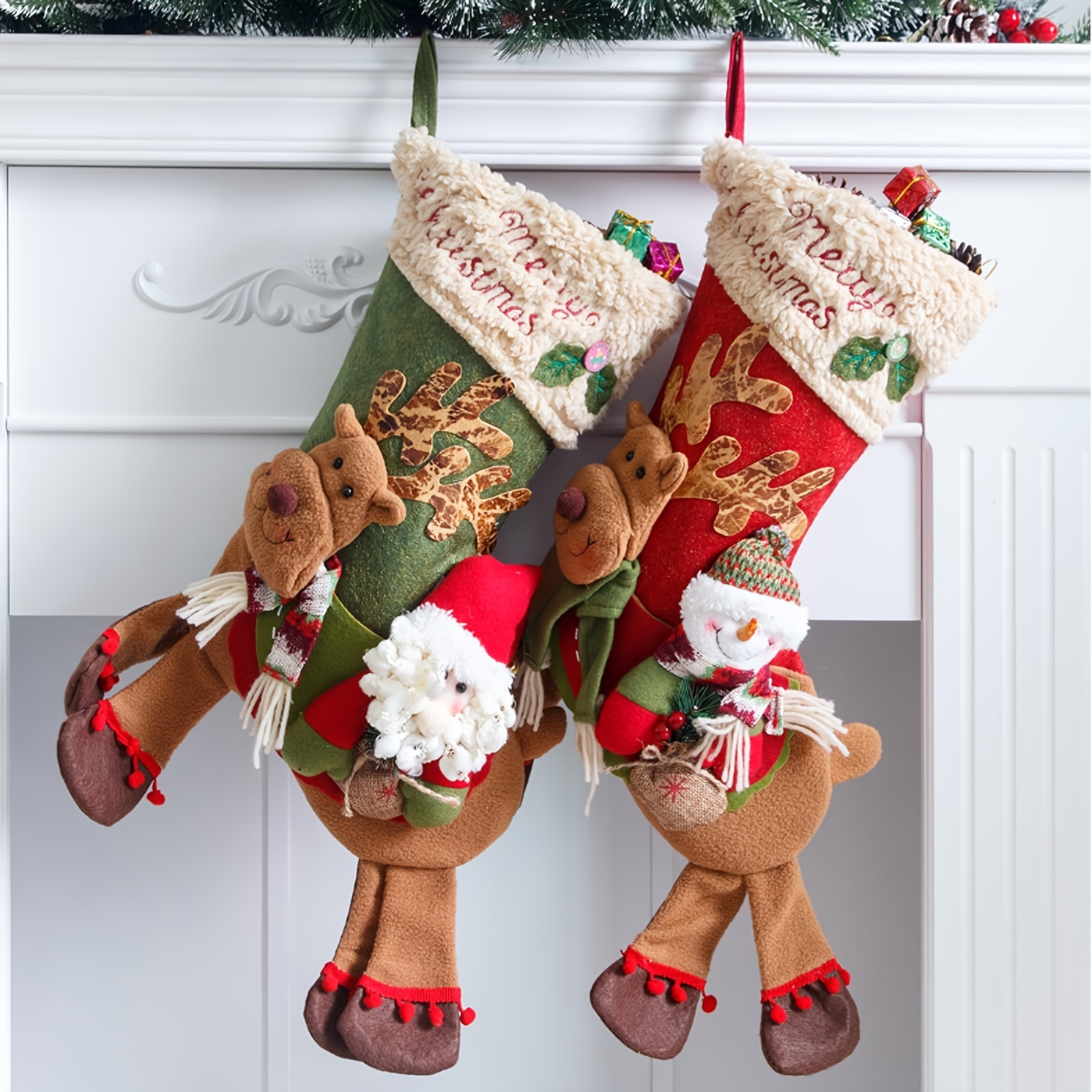 

2pcs Large Christmas Stockings With Santa & Snowman On Reindeer - 16.5" Holiday Decor For Tree, Fireplace, Stairs | & Easy To Hang, Best For Christmas