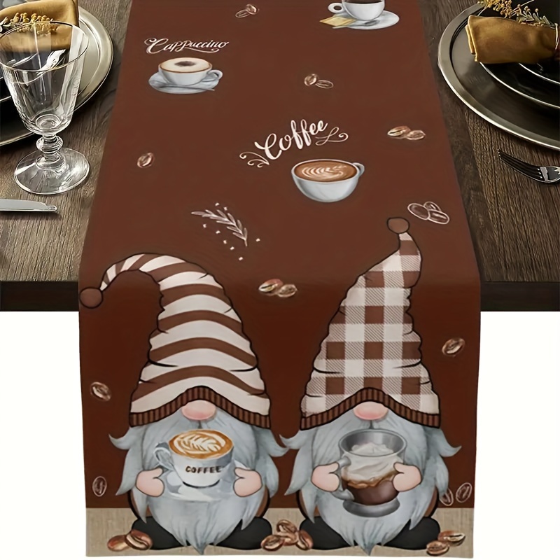 

1pc Table Runner, Coffee Time Brown Table Runner Dresser Scarves, Cute Gnomes Coffee Beans Table Runners, For Kitchen Dining Cafe Tables Decor, Home Supplies