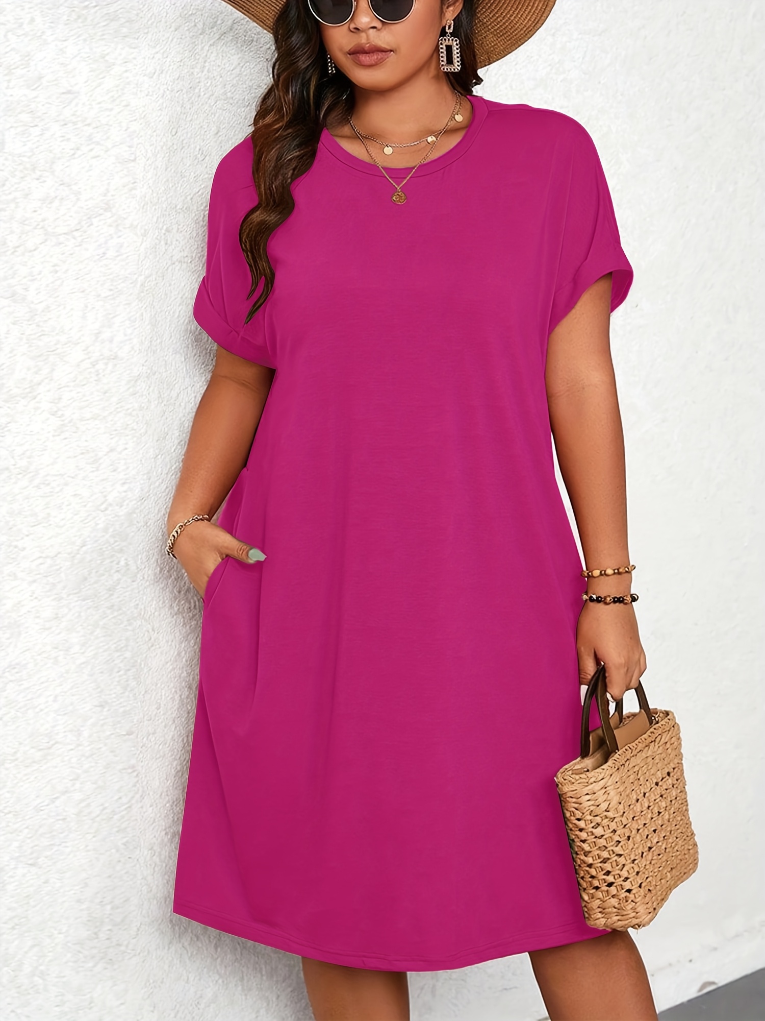 pink t shirt dress plus size Plus Size Dresses Sevevn Women's Plus Size Casual Short T Shirt Dress Short Sleeve Straight Mini Tee Shirt Dress Pink XXL, Size: 2XL