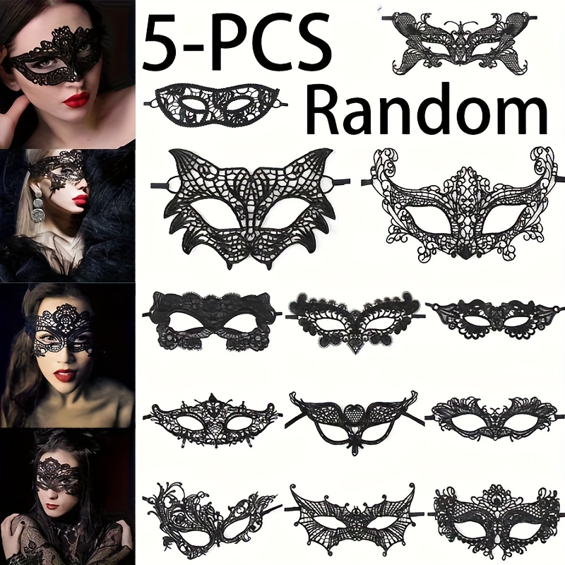Image of 5pcs Sexy Black Lace Eye Masks Set | Random Lace Mask, Half-face Mask For Women, Party Cosplay Masquerade Accessories, Vintage Hollow Black Masks For