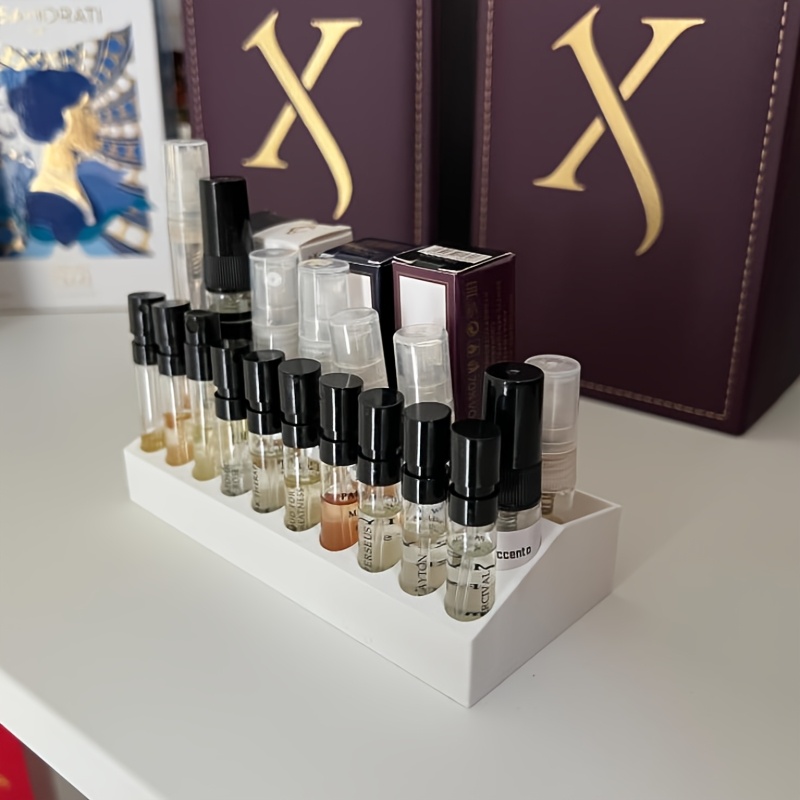 TEMU Porte-échantillons de parfum à inclinée multi-compartiments, présentoir et support de rangement pour mini-flacons de bureau, organisateur de