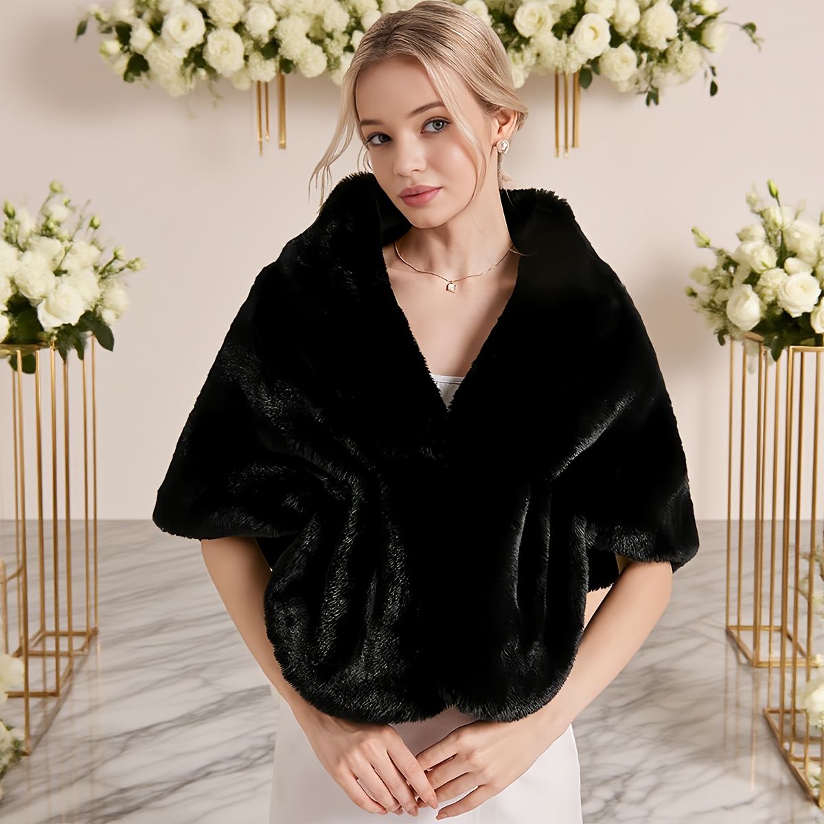 womens elegant black plush shawl autumn winter soft faux fur  display picture 1