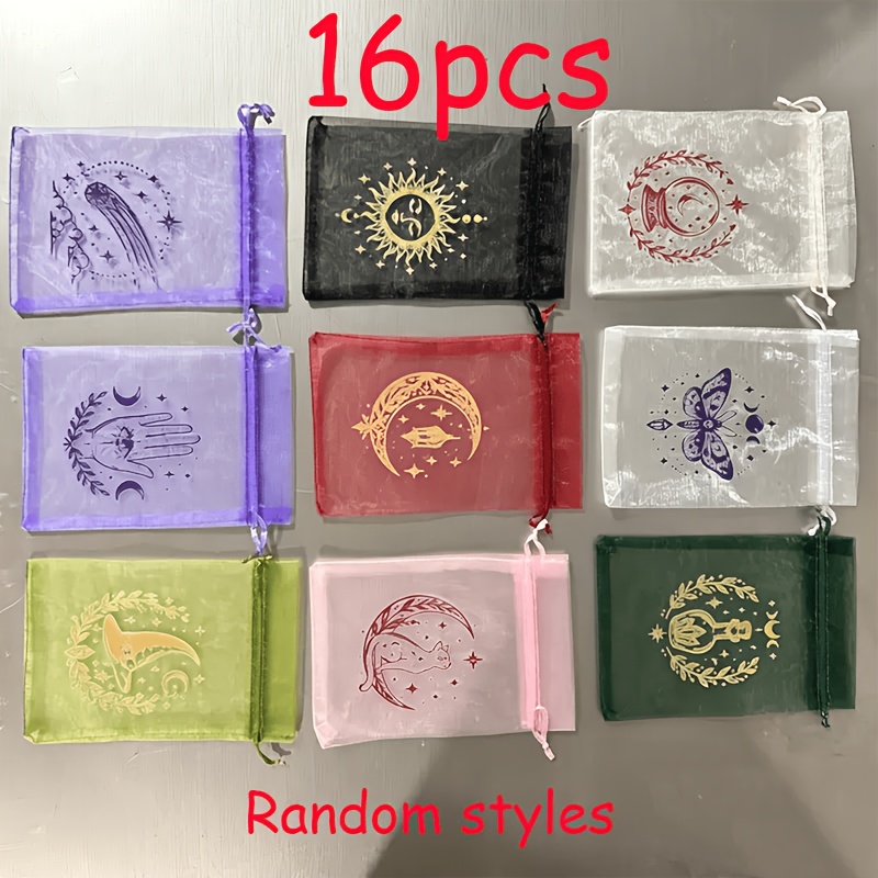 TEMU Bolsas de organza coloridas con estampado dorado de 16/8 piezas, bolsas de organza con cordón de 10×15 cm con diseño de estrella, luna, bruja,