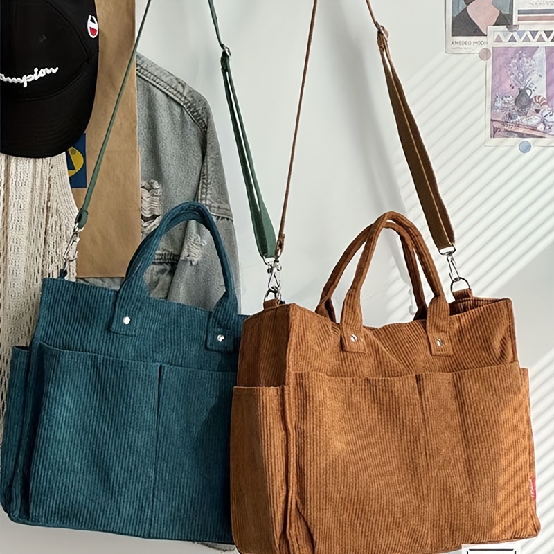 chique corduroy tote bag voor vrouwen - meerdere zakken, verdikt ontwerp met gestreept  , zwart | casual &   crossbody schoudertas, harajuku, herfst winter, student 9