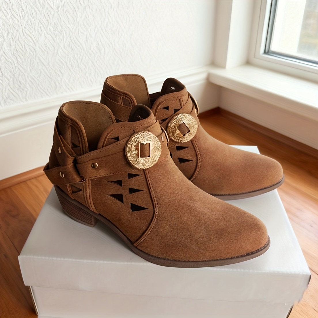 womens western ankle boots round toe block heel low heel Temu