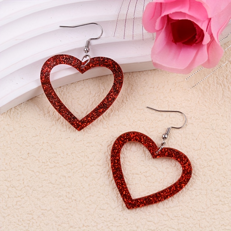 TEMU 2pcs Valentine's Day Creative Simple Pink Red Hollow Heart Acrylic Earrings, Celebrating With Fashionable And Elegant Earrings And Accessories