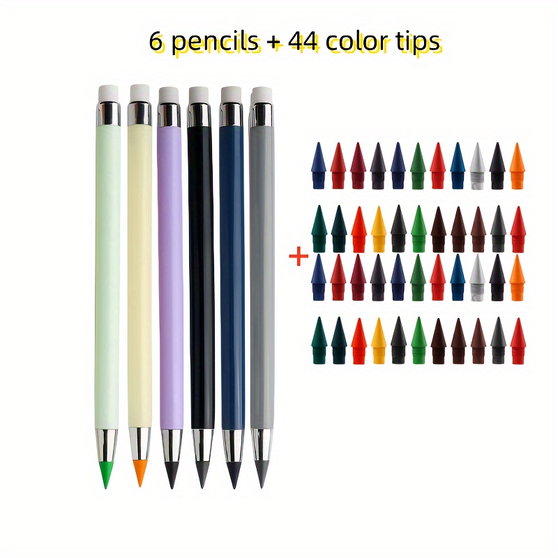 

50pcs Multi-color Tip Pencils Set With Eraser, 6 Pencils + 44 Color Tips, Replaceable Heads, Medium Point, Lightweight Plastic Material, Ideal For Drawing - 22 Vibrant Colors Included