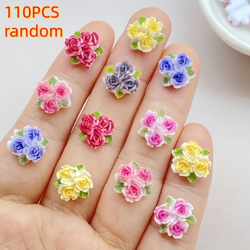 TEMU 110pcs 60pcs Random Resin Colorful Rose Flat Back Flower Statue - Nail Art, Wedding Scrapbooks, Crafts, And Additions