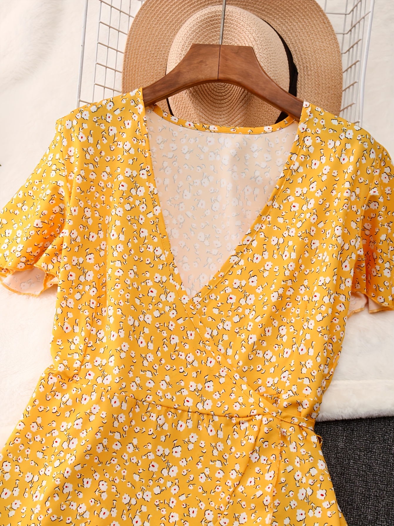 elegant floral print midi dress women chic cross neckline Temu