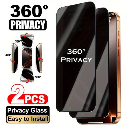 2pcs 4 way 360 degree privacy screen protector 4 way horizontal and vertical full coverage anti tempered glass film for iphone 17 pro 17 air 16 plus 15 14 13 12 11 series fingerprint resistant seamless edge
