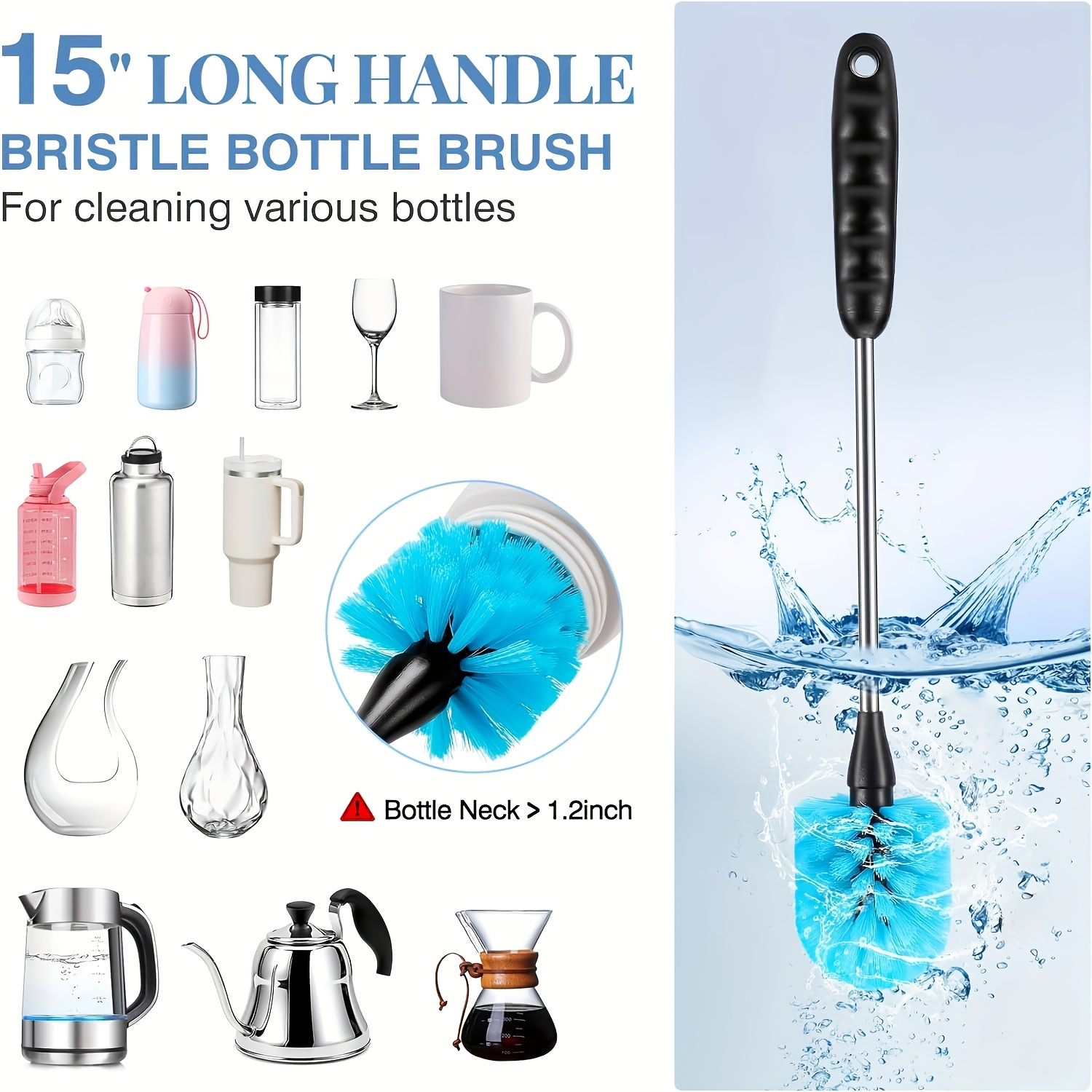 Juego de cepillos de limpieza de vasos mejorados de 6 piezas, juego de cepillos para botellas de agua cuatro en uno, cepillo para botellas de agua de mango largo para limpiar y lavar, adecuado para limpiar botellas de agua de cuello estrecho, botellas de agua deportivas, tazas de café, tazas de vidrio, termos, etc.