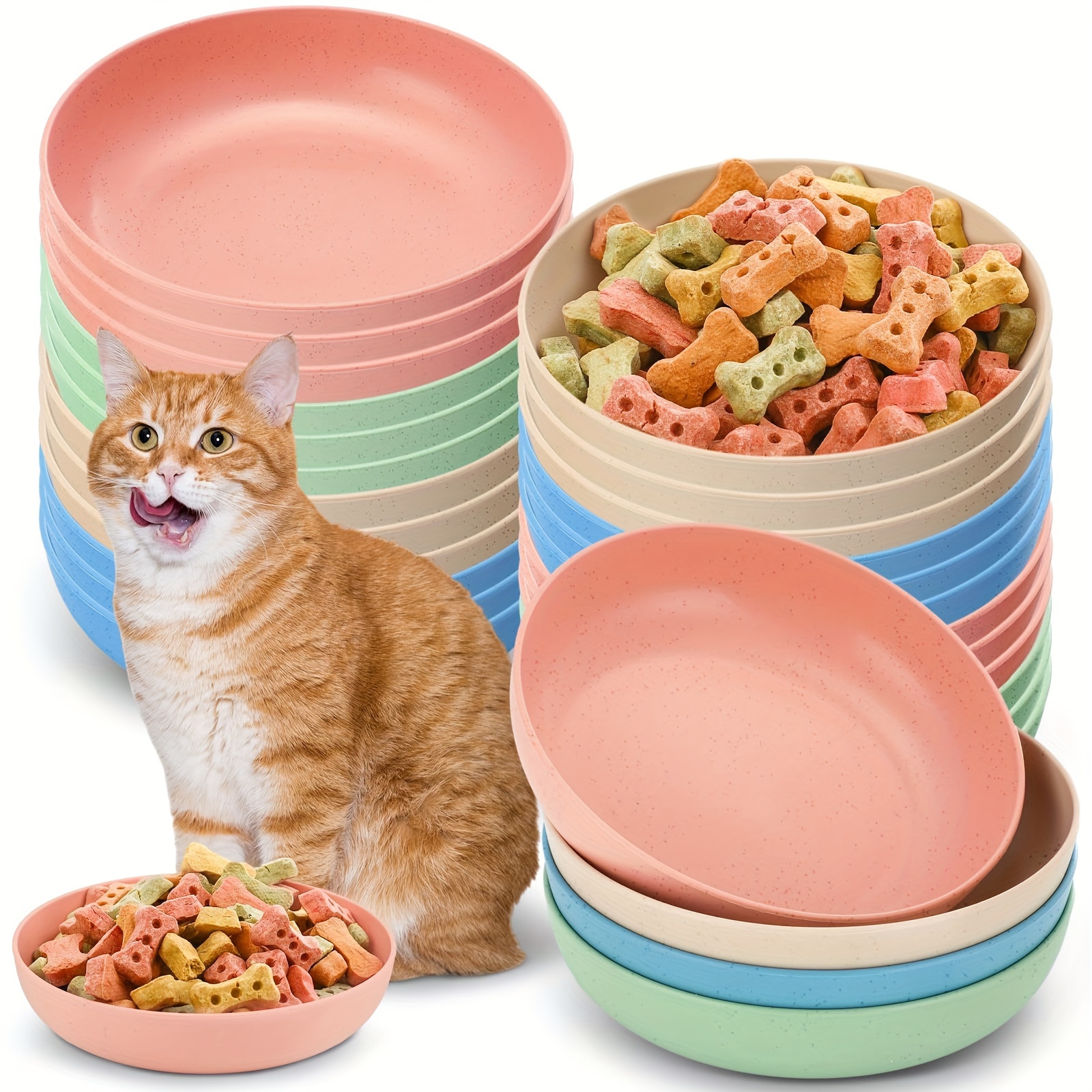

4pcs Cat Bowls, 5.5 Inch Wide Shallow Pet Food & Water Dishes, Plastic Non-slip Colorful Feeding Plates For Small Cats, Kittens, And Short-legged Breeds