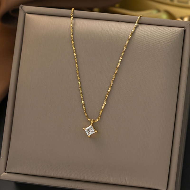 

Elegant 18k Golden-plated Titanium Steel Necklace With Square Zirconia Pendant - Waterproof, Fade-resistant, Chain For Women's , Jewelry | Unique Pendant |