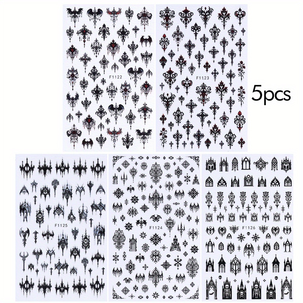 Image of 5 Sheet Halloween 3d Nail Art Stickers Evils Wings Blood Rose Flowers Patterns Halloween Slider Vacation Diy Manicure Decals