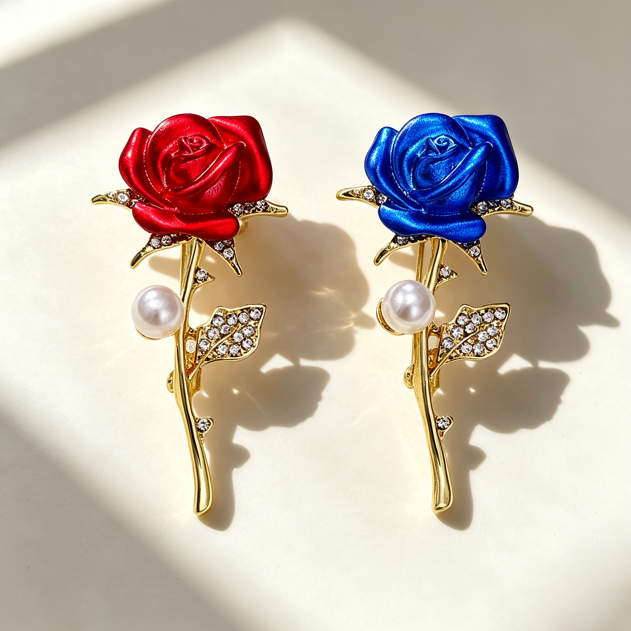 TEMU 2pcs/set Solevdo Enamel Rhinestone Brooch, Featuring Golden Stems With Red And Blue Enamel Roses And , A Chic And Romantic Accessory, Coats,
