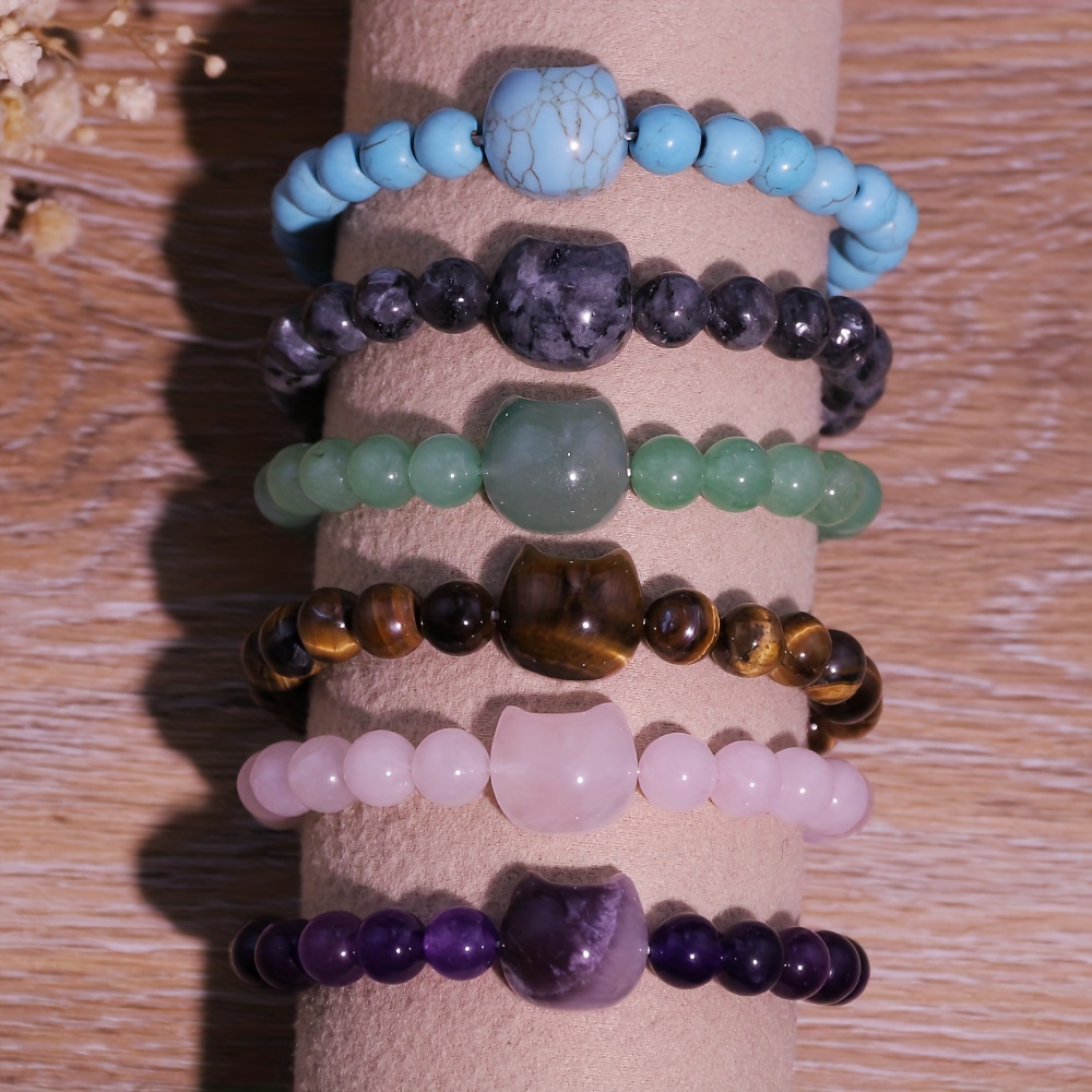 Cat Themed Stone Bracelet in Rose Quartz, Turquoise & Amethyst