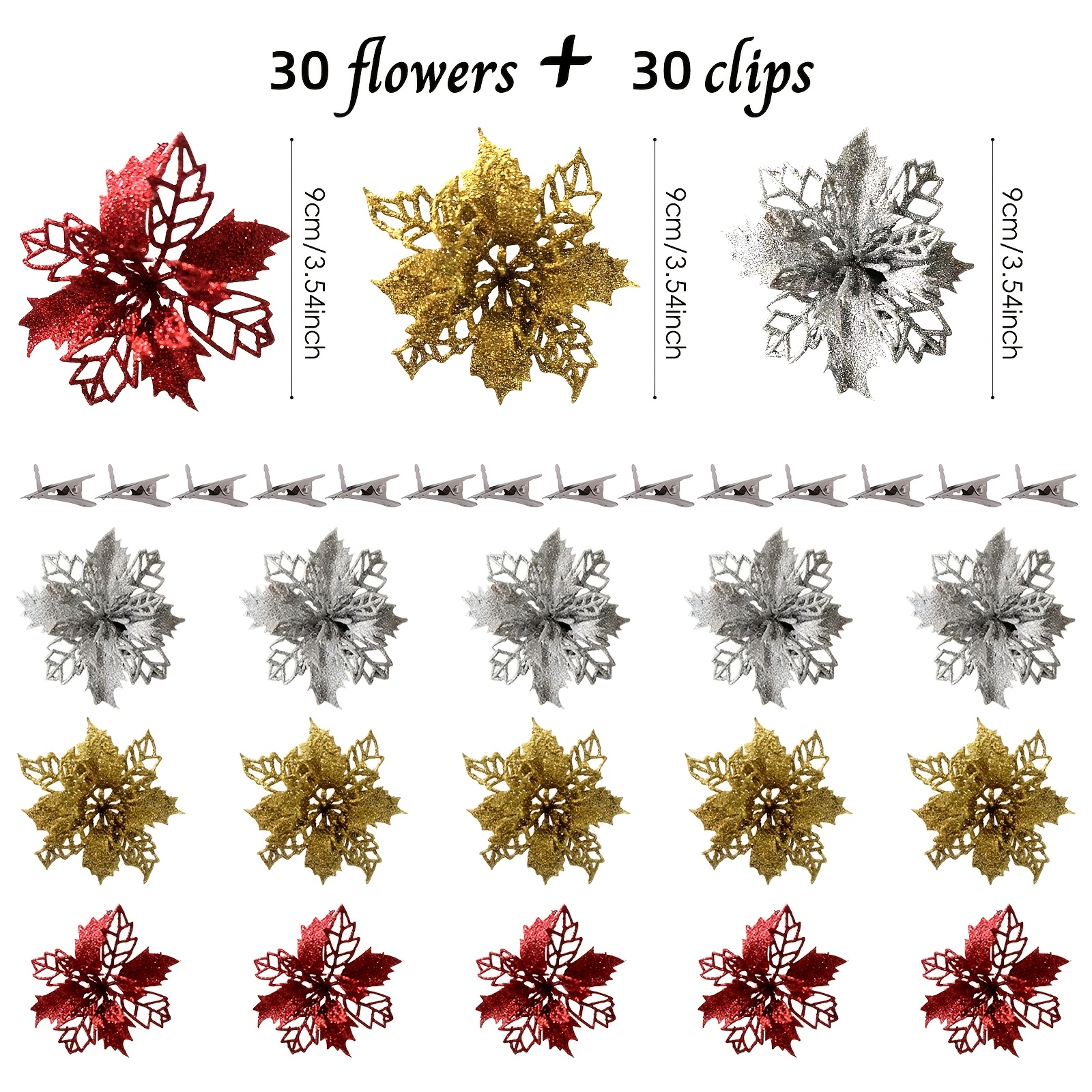TEMU 60pcs Golden, Red And Silvery Artificial Christmas Tree Branch Clips - Realistic Plastic Evergreen Decorations, Reusable For Winter Weddings,