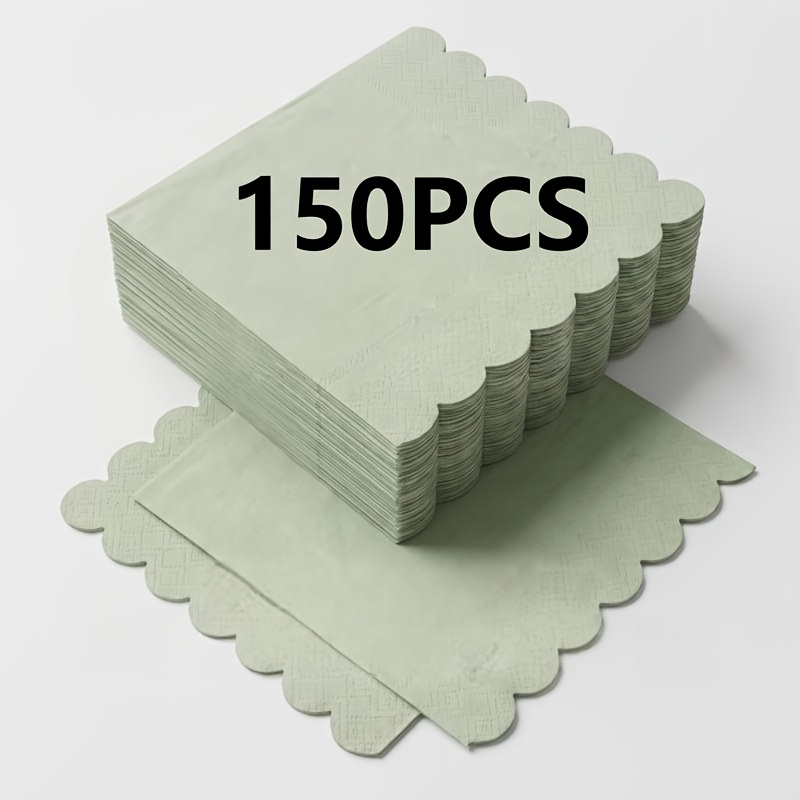 TEMU Lot de 100/150 serviettes en papier vert sauge à bord festonné, 2 épaisseurs, taille 5x5 pouces, serviettes douces pour tous et dessert,
