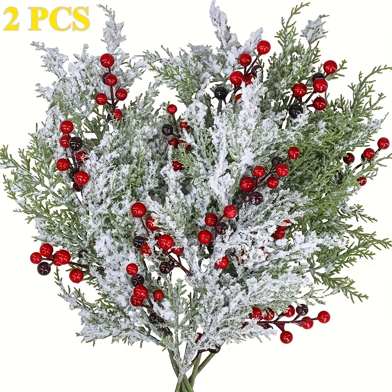 TEMU 2pcs - 19.3-inch Artificial Cedar Christmas Tree Branches & Flowers - Lifelike Berries, Pine Branches With Red Berries, Flexible Wire Suitable