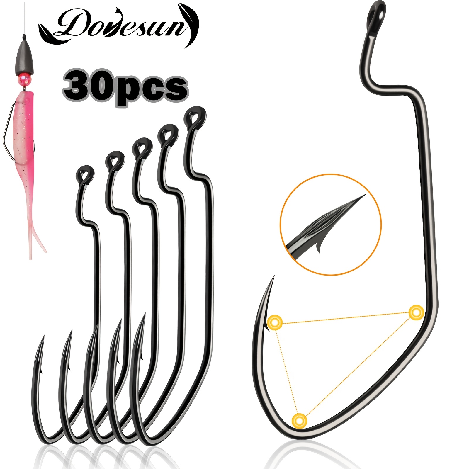 

[30pcs Bass Fishing Hooks Set] 30pcs Dovesun Carbon Steel Worm Hooks Set, Fishing Hooks For Bass, Freshwater, Soft , With Tackle Box, For , New Year, Labor Day, Father's Day Gifts