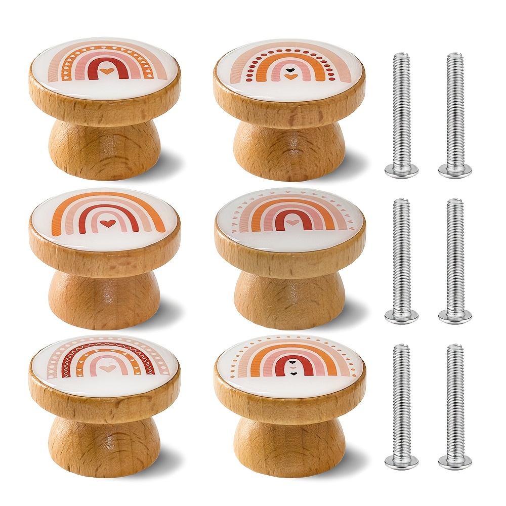 Image of Set Of 6 Art Boho Style Handmade Wooden Furniture Handles, Kitchen Cabinets Pulls, Dresser Drawers Knobs, Wooden Single Hole Drawer Knobs Decoration Furniture Handle