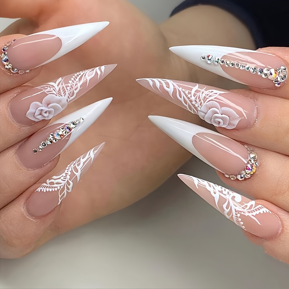 Extra Long Almond-shaped White Striped Floral -on Wearable Nail Art Fake Nails 24pcs