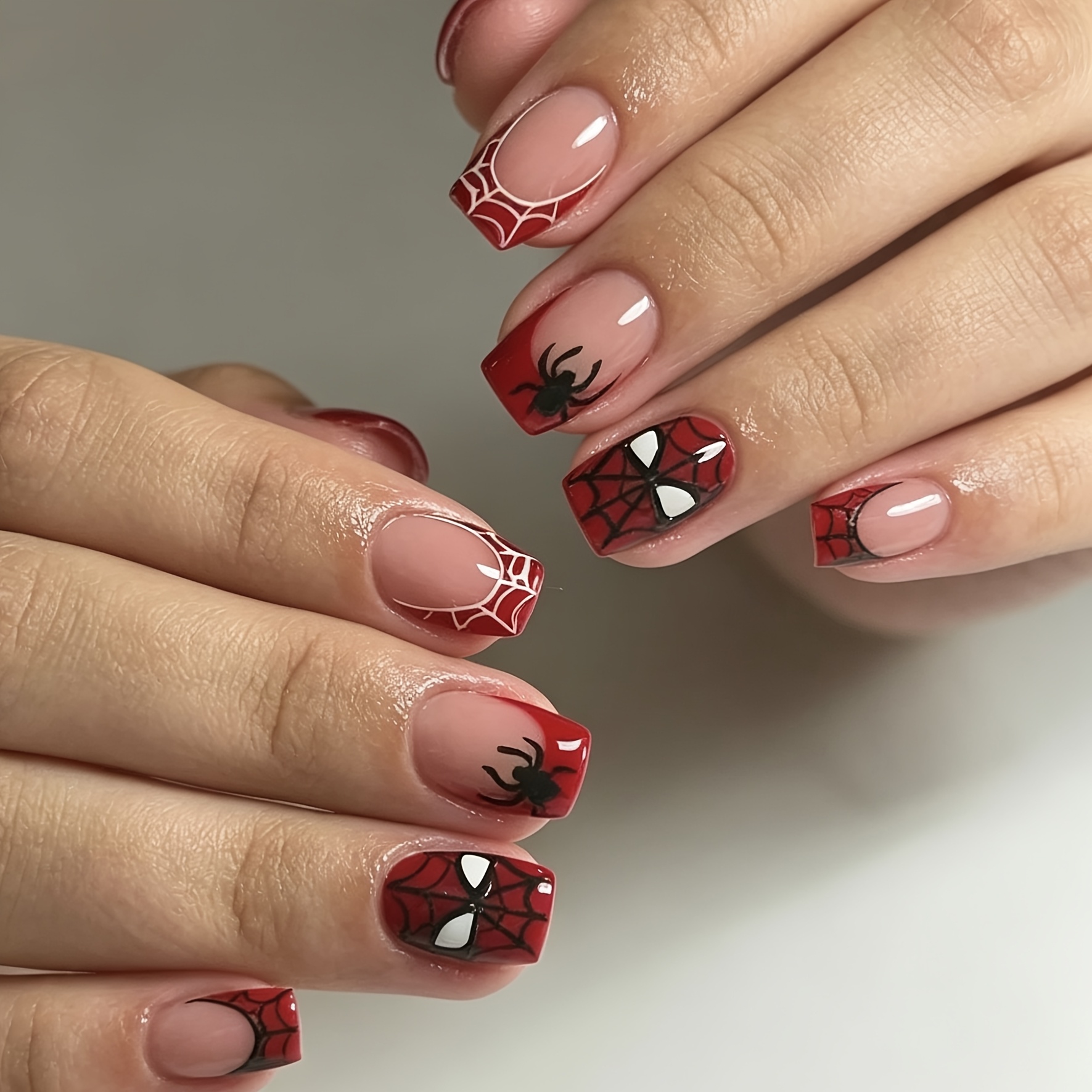 TEMU 24pcs Set Web Design Fake Nails, Halloween Nail Stickers, Red And Black Web Short Square Press-on Nails, Short Square Red Base With Web And