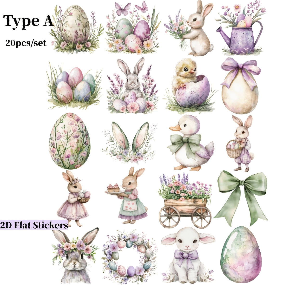 2d Flat Stickers 20pcs/set Creative Handmade Rabbit And Egg High Quality Stickers Suitable For Garbage Diary Notebook Decoration Diy Easter Gift Decoration, 2d Flat