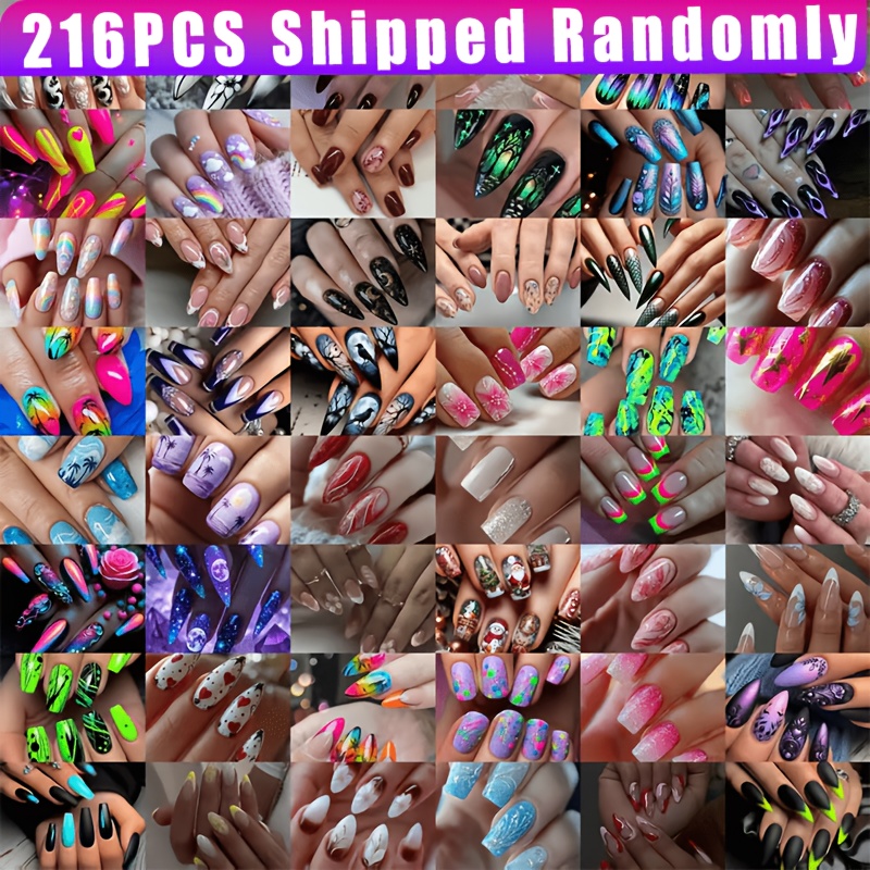 TEMU 216pcs Random Shipment With Random Colors And Patterns Mixed On Nails Multi Style Mixed Color Patterns Including Stripe Gradient And Floral
