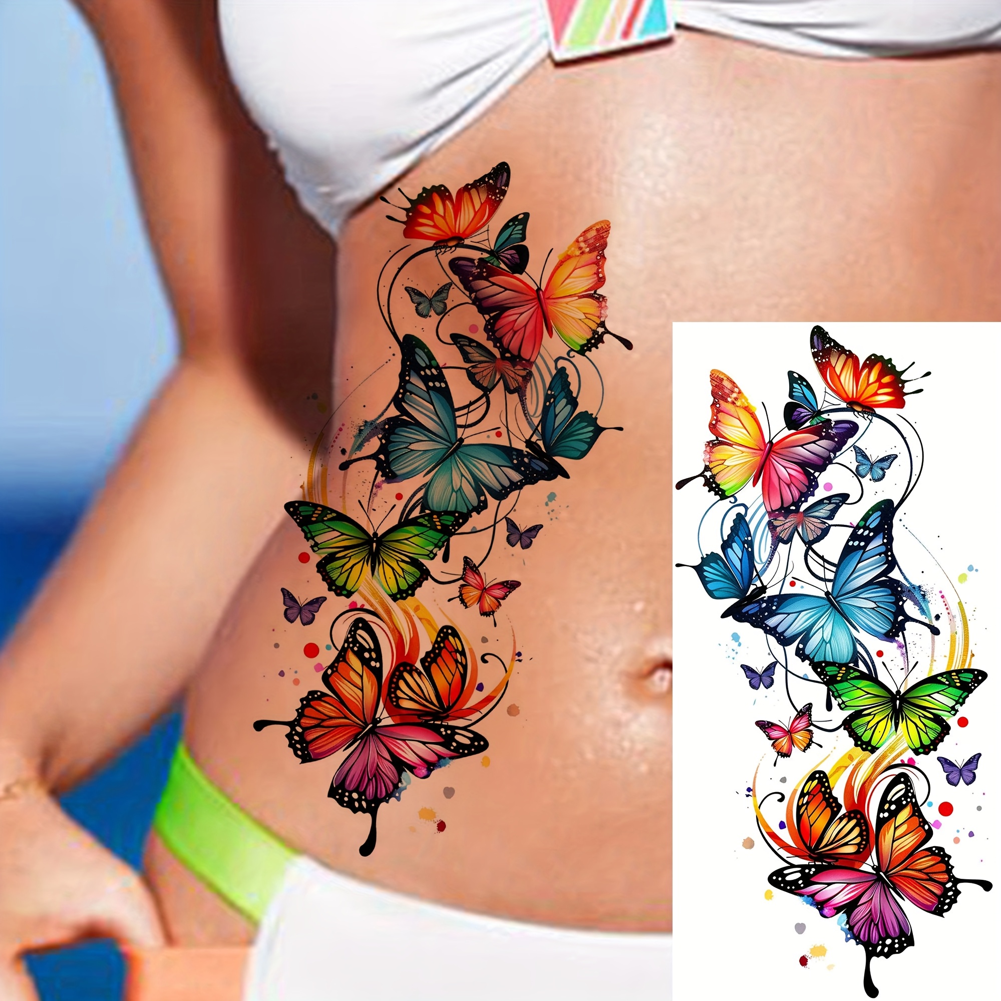A Watercolor Temporary Tattoo For Men And Women, Suitable For Arm, Thigh, And Calf, Featuring Realistic Fake Tattoos That Are Long-lasting And Waterproof