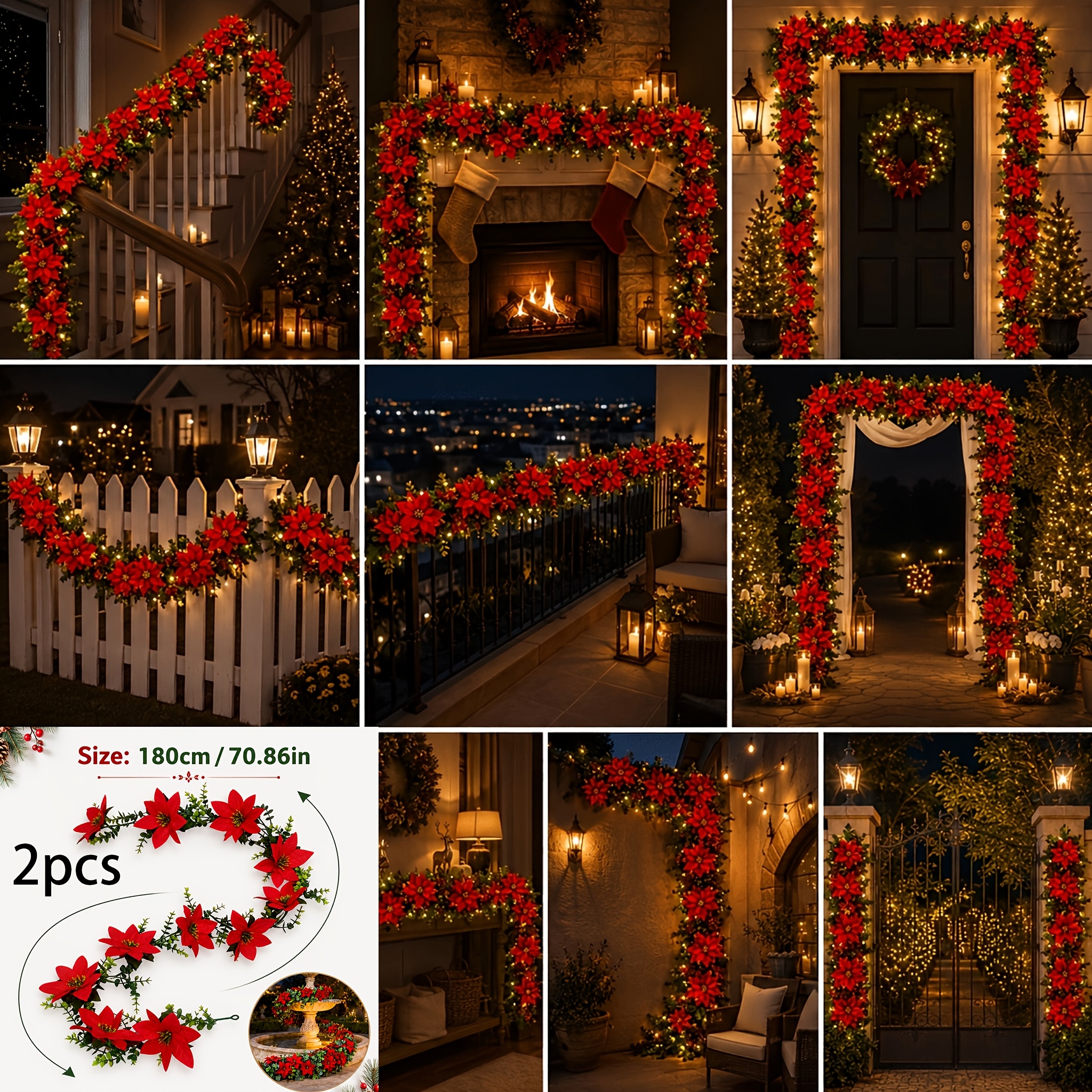 TEMU 2 stuks Kerst Kunstmatige Mooie Eucalyptus Rode Kerstster Rotan Decor - Realistische Kunstbloemen, Geschikt voor Binnen/Buitengebruik,