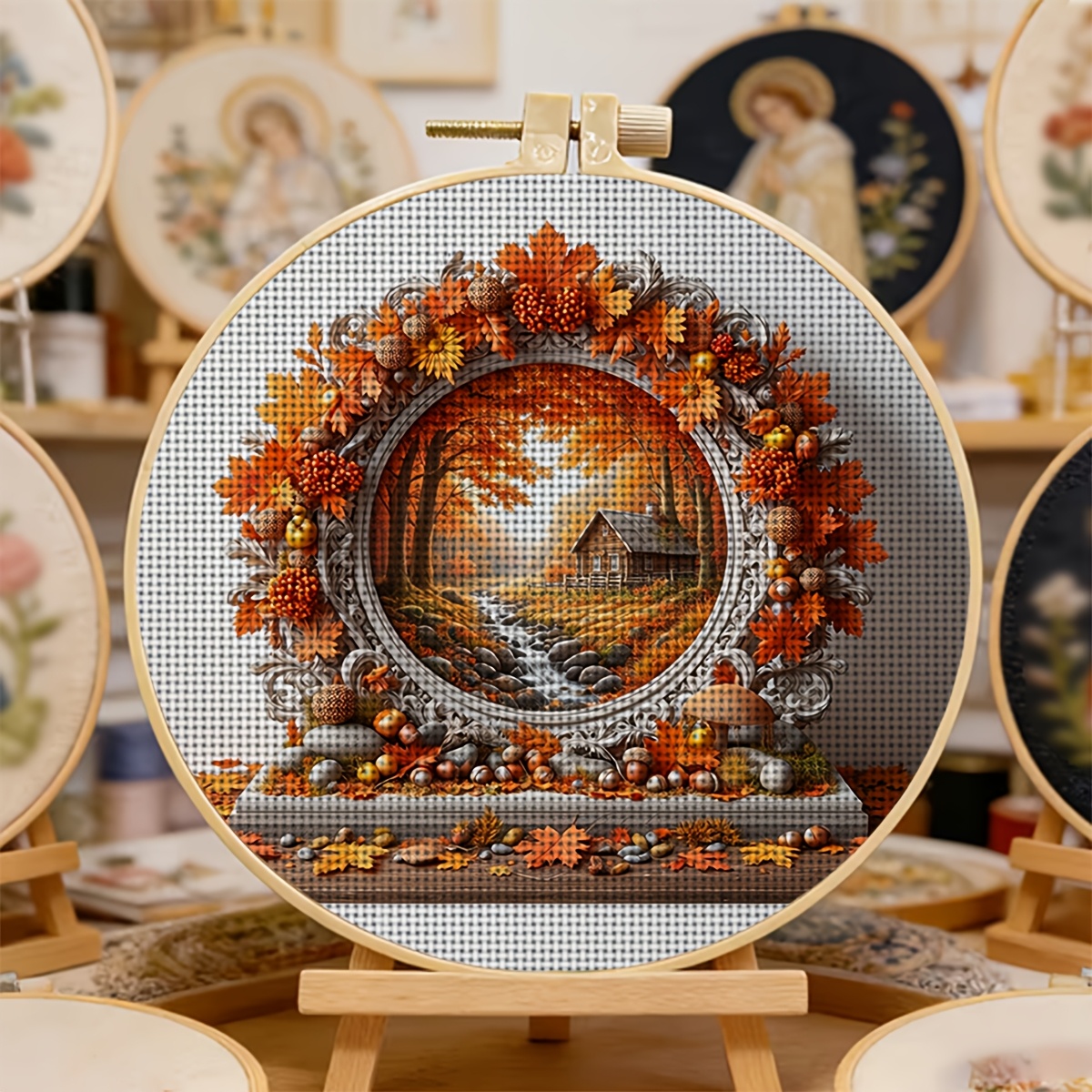 Round Cross Stitch Printed Kit with Hoop, Autumn Scenery Design