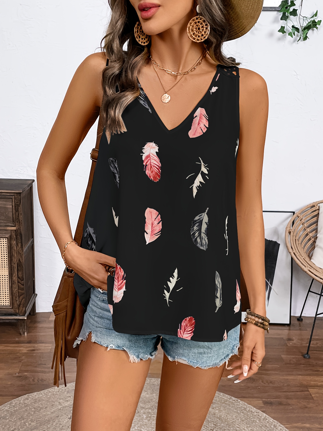 Elegant V-neck Sleeveless Vest, Woven Non-Stretch Fabric, Pattern, with Contrasting Lace Details, for Women, with Voluminous Floral and Ruffles