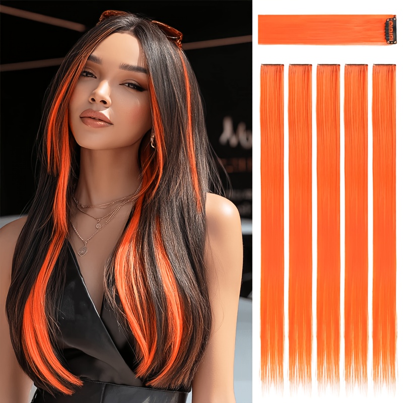 TEMU 5pcs Orange Hair Extensions | 24" Clip-in Hair Extension | Straight Long Hair Extensions Clip-in Hair Synthetic Straight Hair Piece Suitable For